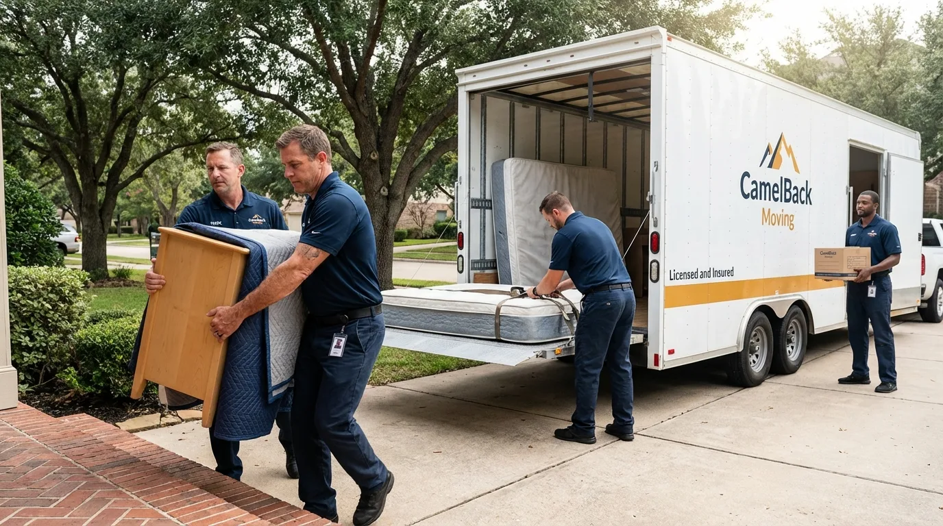 Crew loading residential truck for cross-state move from Newkirk, OK