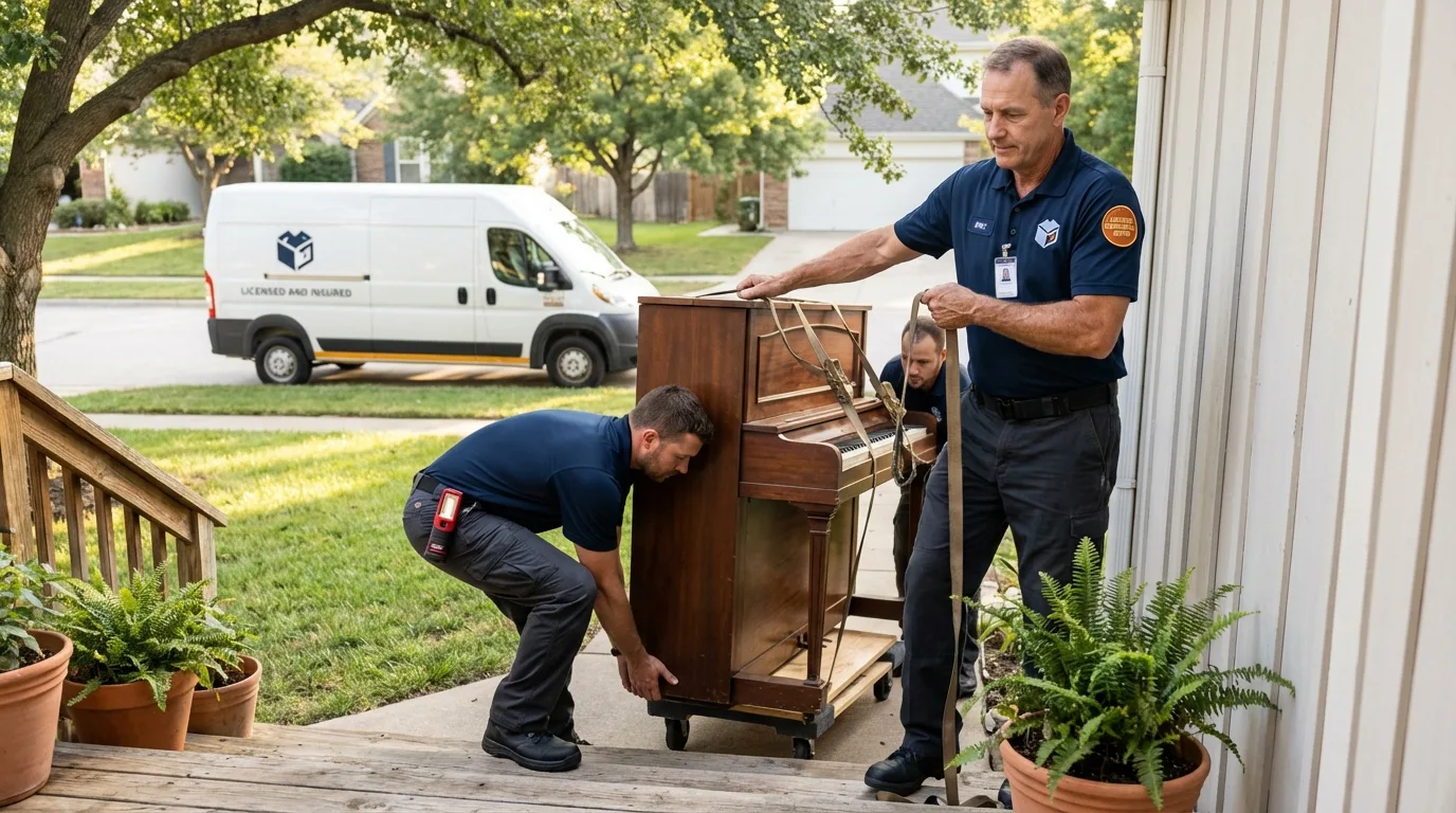 Licensed piano movers securing grand piano in Newkirk, OK
