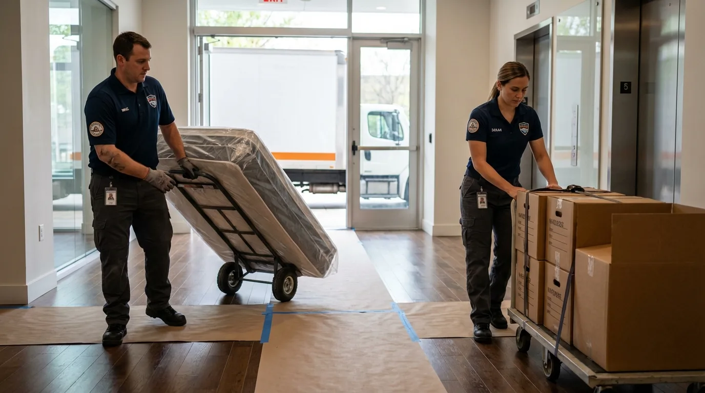Professional apartment movers loading elevator in Newkirk, OK