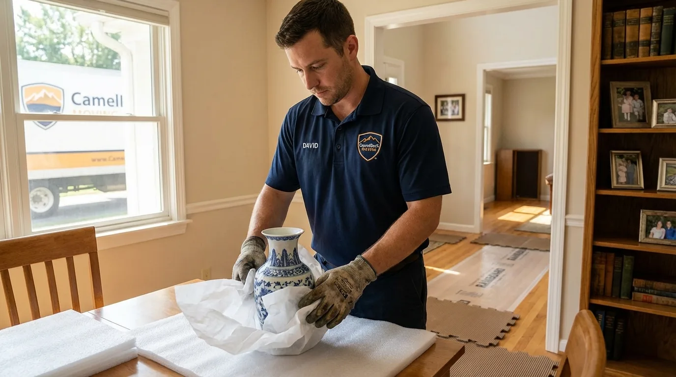 Professional crew carefully wrapping antique vase for senior downsizing move in Newkirk, OK